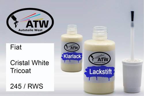 Fiat, Cristal White Tricoat, 245 / RWS: 20ml Lackstift + 20ml Klarlack - Set, von ATW Autoteile West.